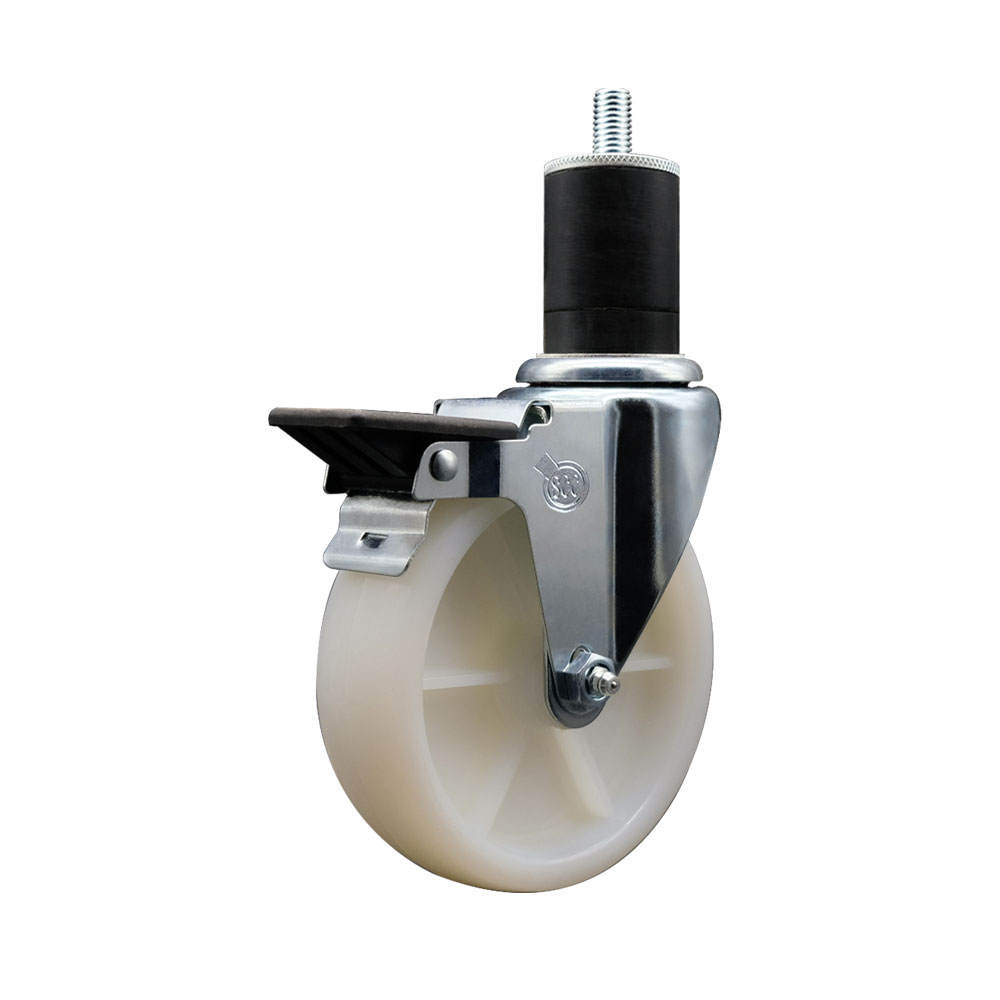 Nylon Expanding Stem Swivel Caster with 5 Inch White Wheel and 1-3/4" Stem & Posi Locking Brake - 300 lbs. Capacity Per Caster - Service Caster Brand — photo 1