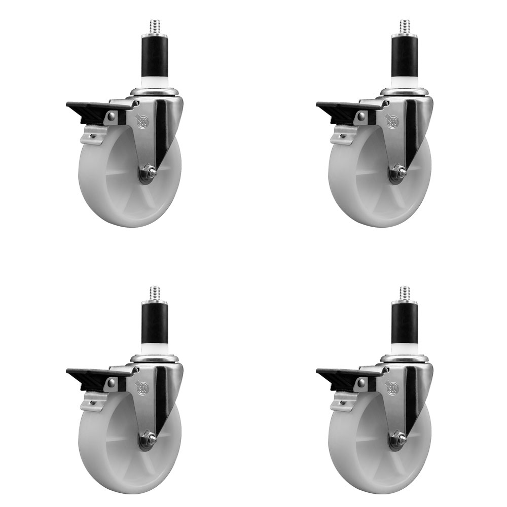 Nylon Swivel Expanding Stem Caster Set of 4 with 5 Inch White Wheels and 1-3/8" Stems - Includes 4 Swivel with Posi Lock Brakes - 1200 lbs. Total Capacity - Service Caster Brand — photo 1