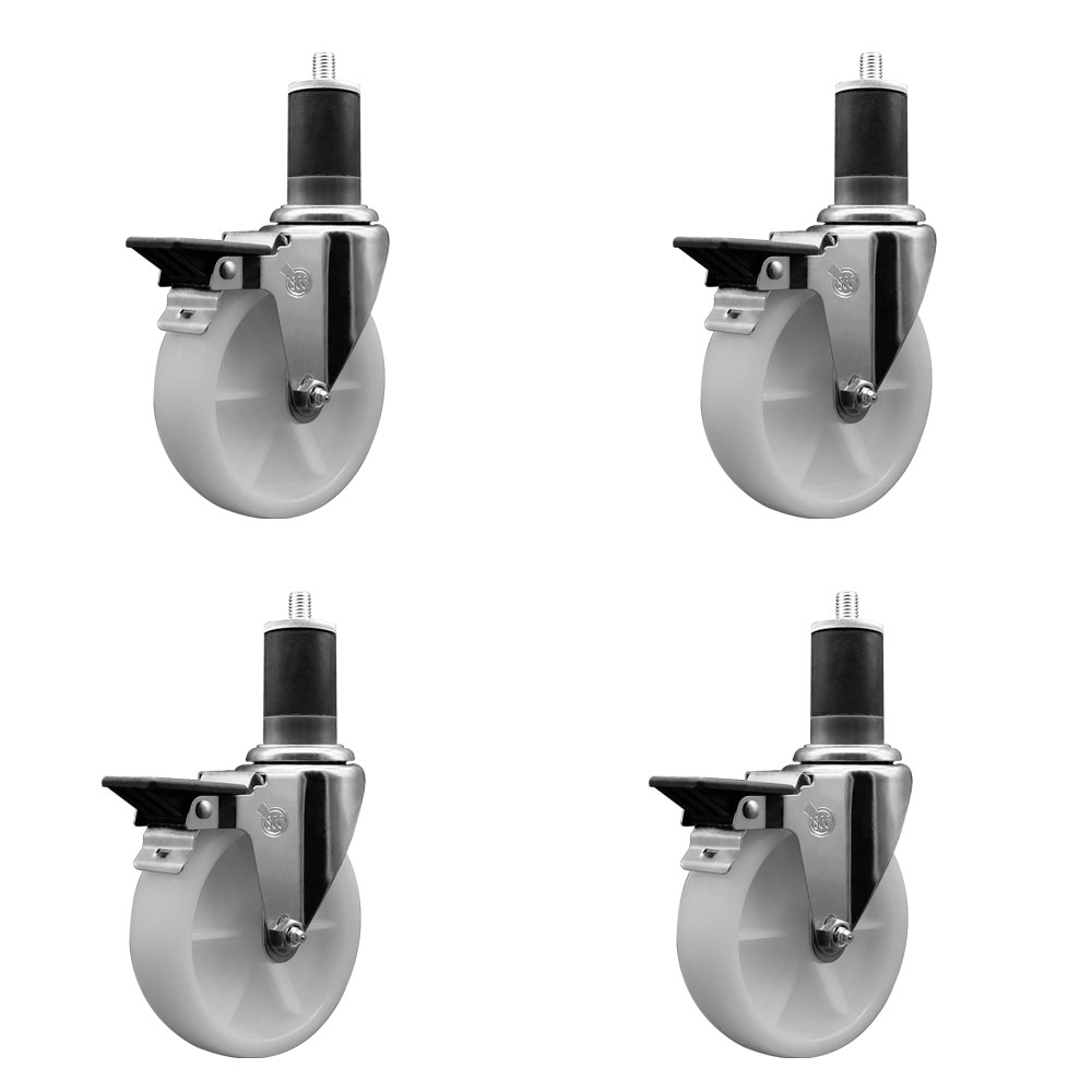 Nylon Swivel Expanding Stem Caster Set of 4 with 5 Inch White Wheels and 1-5/8" Stems - Includes 4 Swivel with Posi Lock Brakes - 1200 lbs. Total Capacity - Service Caster Brand — photo 1