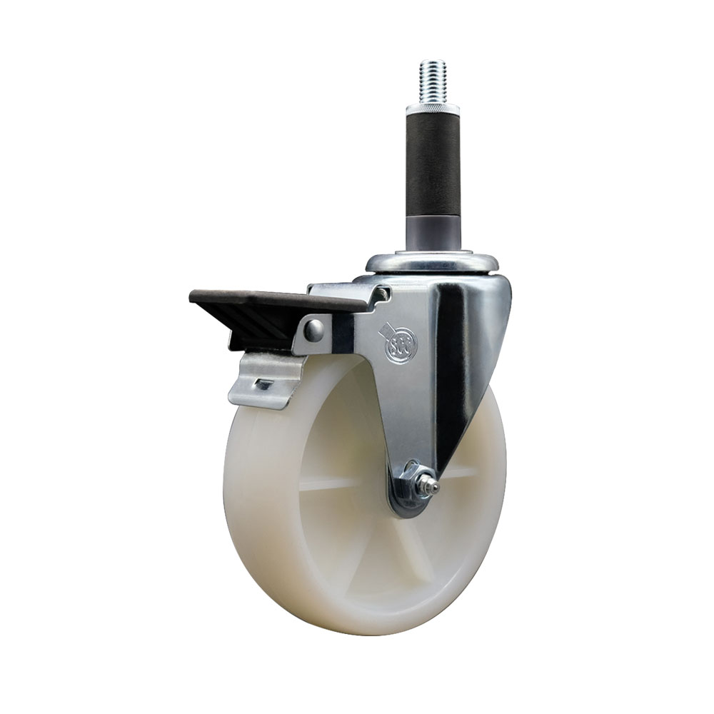 Nylon Expanding Stem Swivel Caster with 5 Inch White Wheel and 1" Stem & Posi Locking Brake - 300 lbs. Capacity Per Caster - Service Caster Brand — photo 1