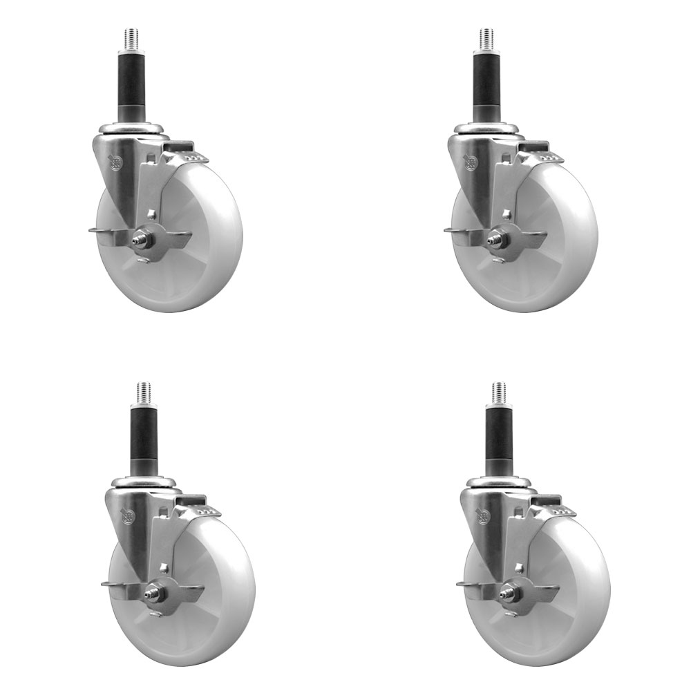 Nylon Swivel Expanding Stem Caster Set of 4 with 5 Inch White Wheels and 1" Stems - Includes 4 Swivel with Top Lock Brakes - 1200 lbs. Total Capacity - Service Caster Brand — photo 1