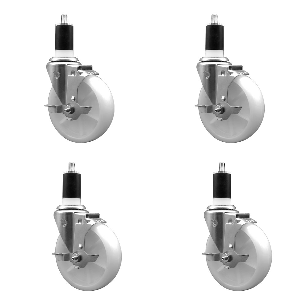 Nylon Swivel Expanding Stem Caster Set of 4 with 5 Inch White Wheels and 1-1/2" Stems - Includes 4 Swivel with Top Lock Brakes - 1200 lbs. Total Capacity - Service Caster Brand — photo 1