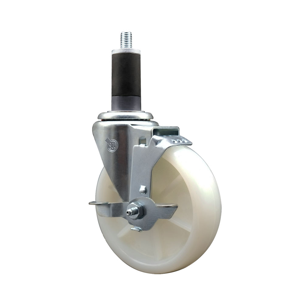 Stainless Steel Nylon Expanding Stem Swivel Caster with 5 Inch White Wheel and 1-1/4" Stem & Top Locking Brake - 300 lbs. Capacity Per Caster - Service Caster Brand — photo 1