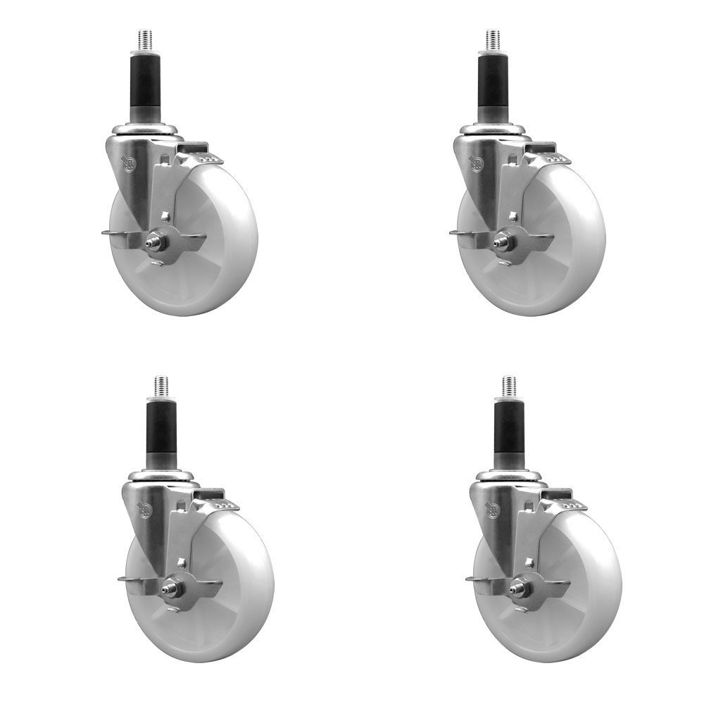 Nylon Swivel Expanding Stem Caster Set of 4 with 5 Inch White Wheels and 1-1/8" Stems - Includes 4 Swivel with Top Lock Brakes - 1200 lbs. Total Capacity - Service Caster Brand — photo 1