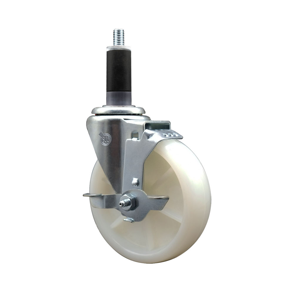 Stainless Steel Nylon Expanding Stem Swivel Caster with 5 Inch White Wheel and 1-1/8" Stem & Top Locking Brake - 300 lbs. Capacity Per Caster - Service Caster Brand — photo 1