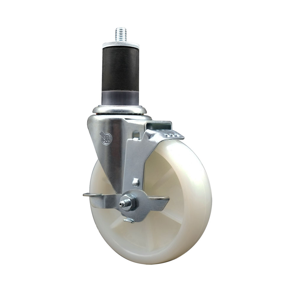 Stainless Steel Nylon Expanding Stem Swivel Caster with 5 Inch White Wheel and 1-5/8" Stem & Top Locking Brake - 300 lbs. Capacity Per Caster - Service Caster Brand — photo 1