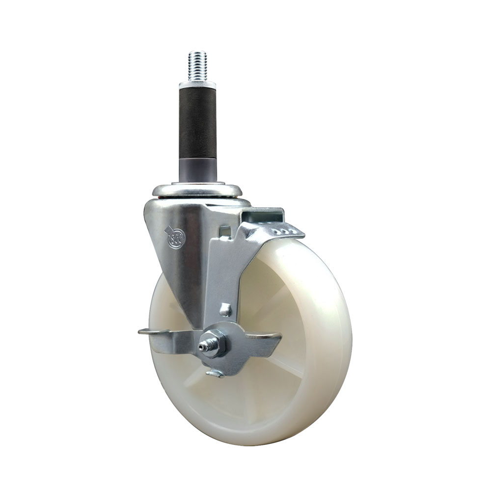 Stainless Steel Nylon Expanding Stem Swivel Caster with 5 Inch White Wheel and 1" Stem & Top Locking Brake - 300 lbs. Capacity Per Caster - Service Caster Brand — photo 1