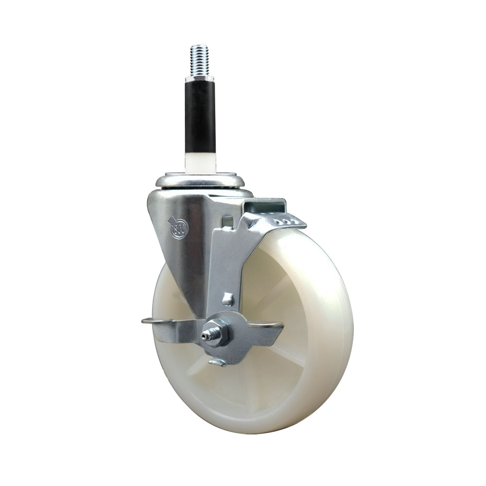 Nylon Expanding Stem Swivel Caster with 5 Inch White Wheel and 7/8" Stem & Top Locking Brake - 300 lbs. Capacity Per Caster - Service Caster Brand — photo 1