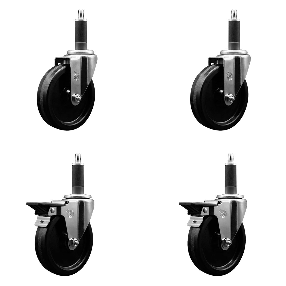 Phenolic Swivel Expanding Stem Caster Set of 4 w/Roller Bearings - 5" x 1.25" Black Wheels and 1" Stems - Includes 2 with Posi Locking Brakes - 1200 lbs Total Capacity - Service Caster Brand — photo 1