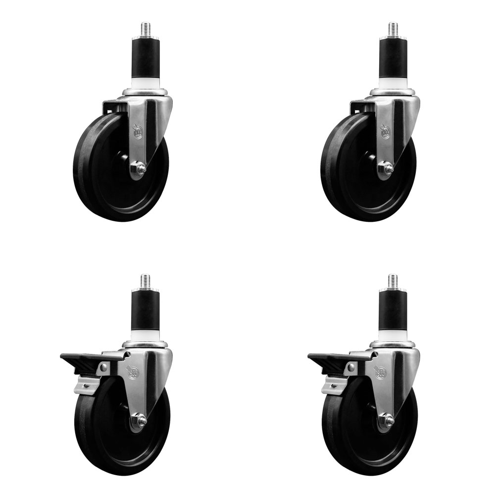 Phenolic Swivel Expanding Stem Caster Set of 4 w/Roller Bearings - 5" x 1.25" Black Wheels and 1-1/2" Stems - Includes 2 with Posi Locking Brakes - 1200 lbs Total Capacity - Service Caster Brand — photo 1