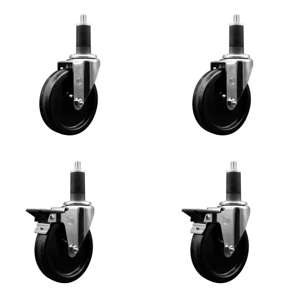 Phenolic Swivel Expanding Stem Caster Set of 4 w/Roller Bearings - 5" x 1.25" Black Wheels and 1-1/4" Stems - Includes 2 with Posi Locking Brakes - 1200 lbs Total Capacity - Service Caster Brand — photo 1