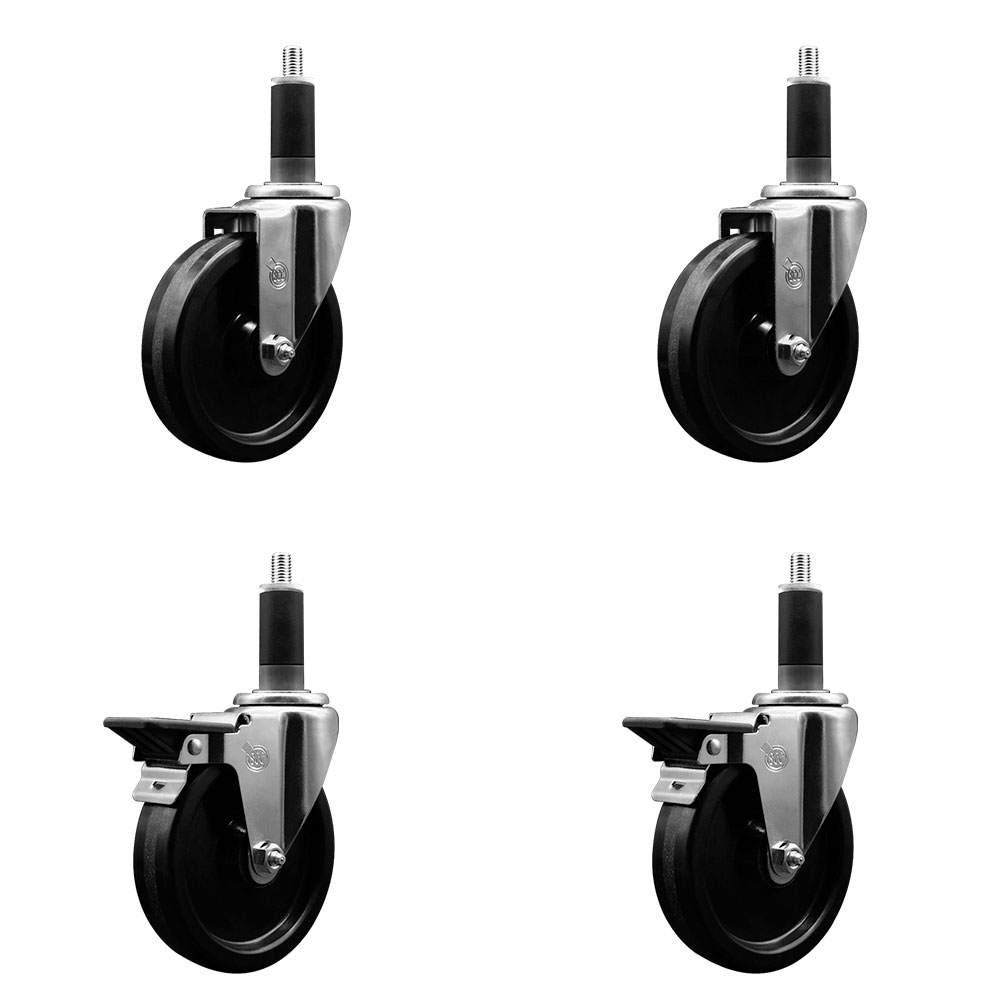Phenolic Swivel Expanding Stem Caster Set of 4 w/Roller Bearings - 5" x 1.25" Black Wheels and 1-1/8" Stems - Includes 2 with Posi Locking Brakes - 1200 lbs Total Capacity - Service Caster Brand — photo 1