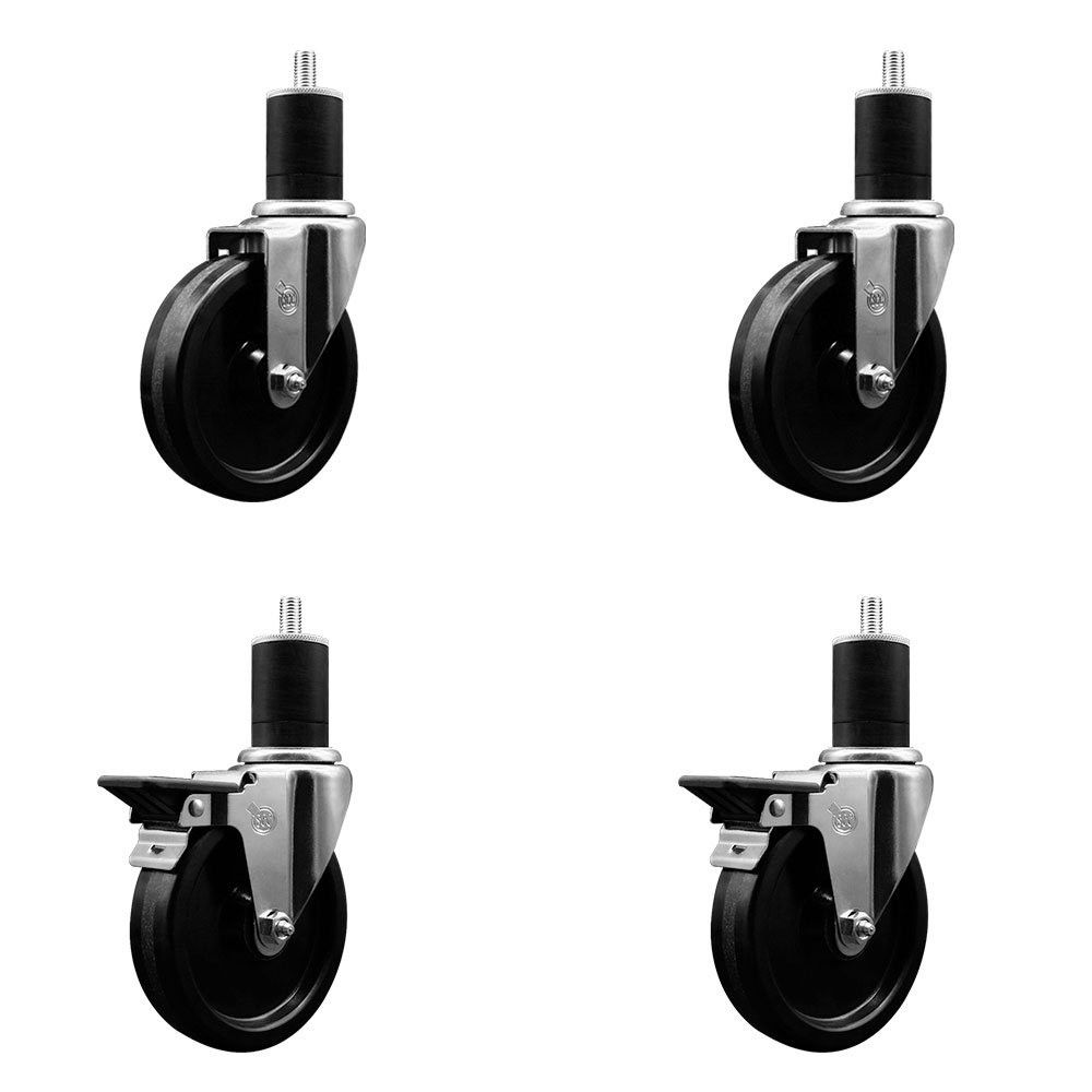 Phenolic Swivel Expanding Stem Caster Set of 4 with 5 Inch Black Wheels and 1-3/4" Stems - Includes 2 with Posi Locking Brakes - 1200 lbs Total Capacity - Service Caster Brand — photo 1