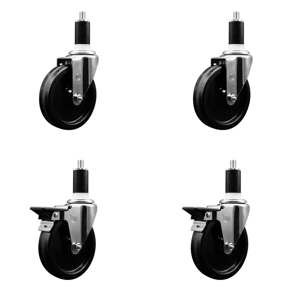 Phenolic Swivel Expanding Stem Caster Set of 4 w/Roller Bearings - 5" x 1.25" Black Wheels and 1-3/8" Stems - Includes 2 with Posi Locking Brakes - 1200 lbs Total Capacity - Service Caster Brand — photo 1