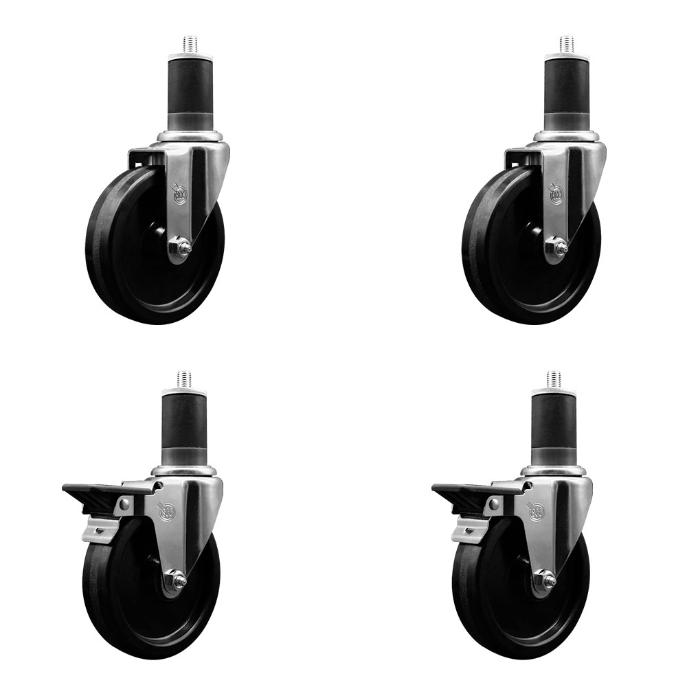 Phenolic Swivel Expanding Stem Caster Set of 4 w/Roller Bearings - 5" x 1.25" Black Wheels and 1-5/8" Stems - Includes 2 with Posi Locking Brakes - 1200 lbs Total Capacity - Service Caster Brand — photo 1