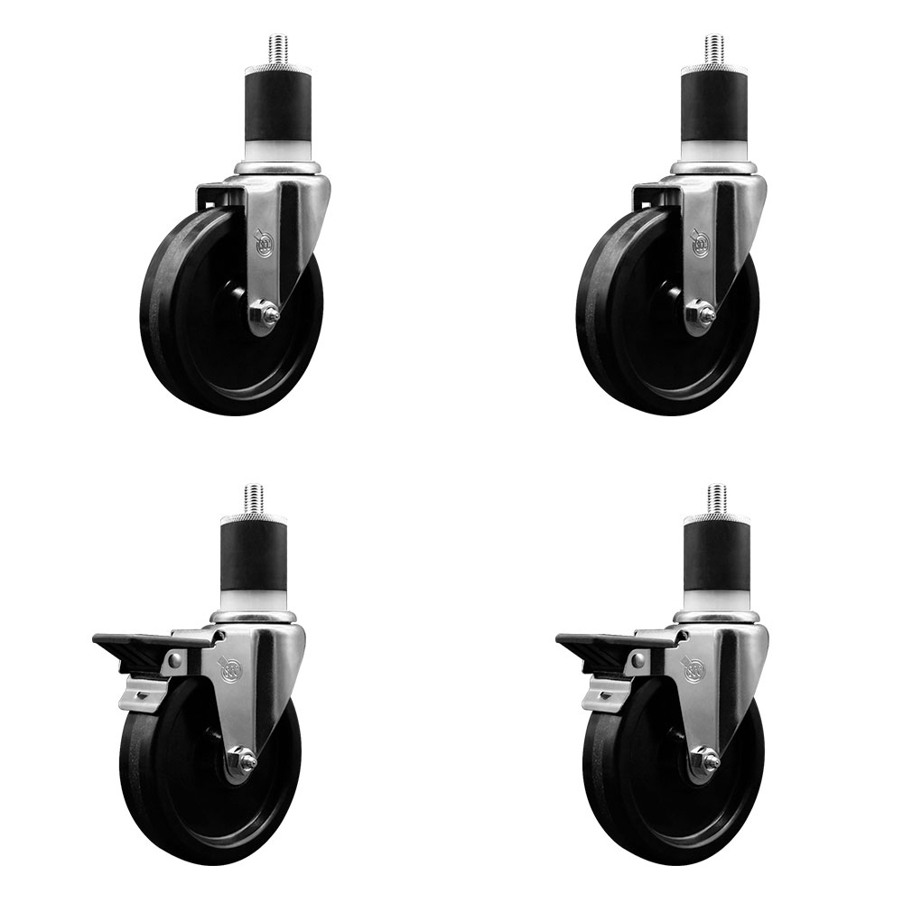 Phenolic Swivel Expanding Stem Caster Set of 4 w/Roller Bearings - 5" x 1.25" Black Wheels and 1-7/8" Stems - Includes 2 with Posi Locking Brakes - 1200 lbs Total Capacity - Service Caster Brand — photo 1