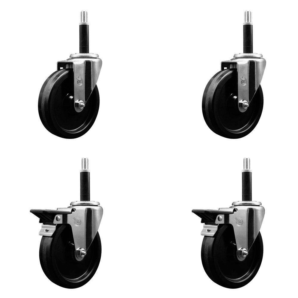 Phenolic Swivel Expanding Stem Caster Set of 4 w/Roller Bearings - 5" x 1.25" Black Wheels and 3/4" Stems - Includes 2 with Posi Locking Brakes - 1200 lbs Total Capacity - Service Caster Brand — photo 1