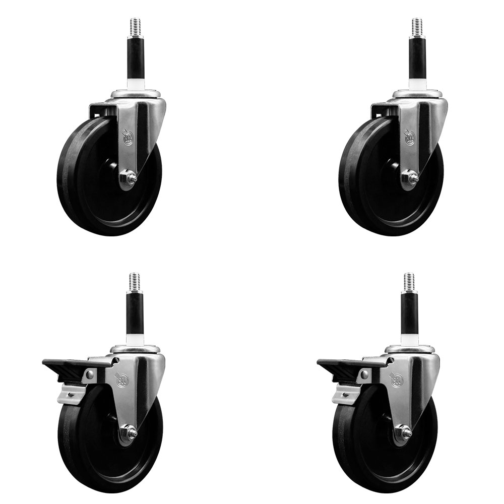 Phenolic Swivel Expanding Stem Caster Set of 4 w/Roller Bearings - 5" x 1.25" Black Wheels and 7/8" Stems - Includes 2 with Posi Locking Brakes - 1200 lbs Total Capacity - Service Caster Brand — photo 1