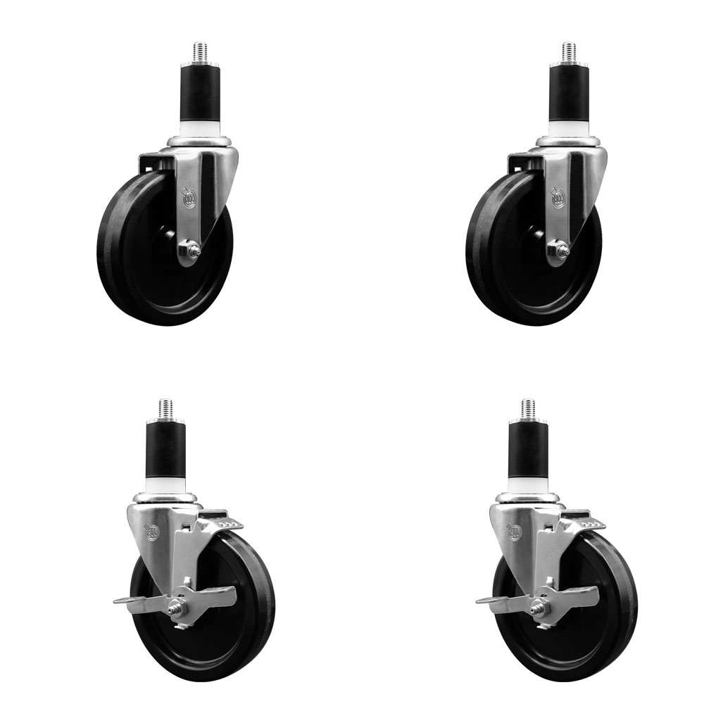 Phenolic Swivel Expanding Stem Caster Set of 4 w/Roller Bearings - 5" x 1.25" Black Wheels and 1-1/2" Stems - Includes 2 with Top Locking Brakes - 1200 lbs Total Capacity - Service Caster Brand — photo 1