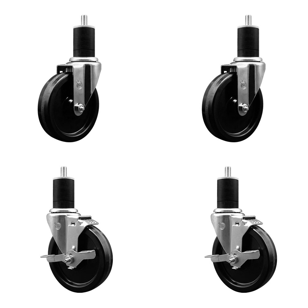 Phenolic Swivel Expanding Stem Caster Set of 4 w/Roller Bearings - 5" x 1.25" Black Wheels and 1-3/4" Stems - Includes 2 with Top Locking Brakes - 1200 lbs Total Capacity - Service Caster Brand — photo 1