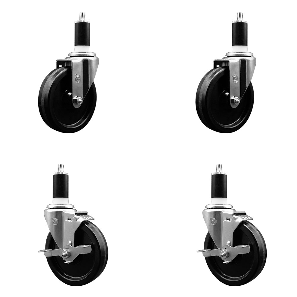 Phenolic Swivel Expanding Stem Caster Set of 4 with 5 Inch Black Wheels and 1-3/8" Stems - Includes 2 with Top Locking Brakes - 1200 lbs Total Capacity - Service Caster Brand — photo 1