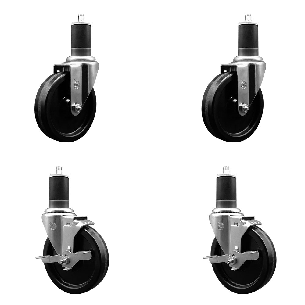 Phenolic Swivel Expanding Stem Caster Set of 4 w/Roller Bearings - 5" x 1.25" Black Wheels and 1-5/8" Stems - Includes 2 with Top Locking Brakes - 1200 lbs Total Capacity - Service Caster Brand — photo 1