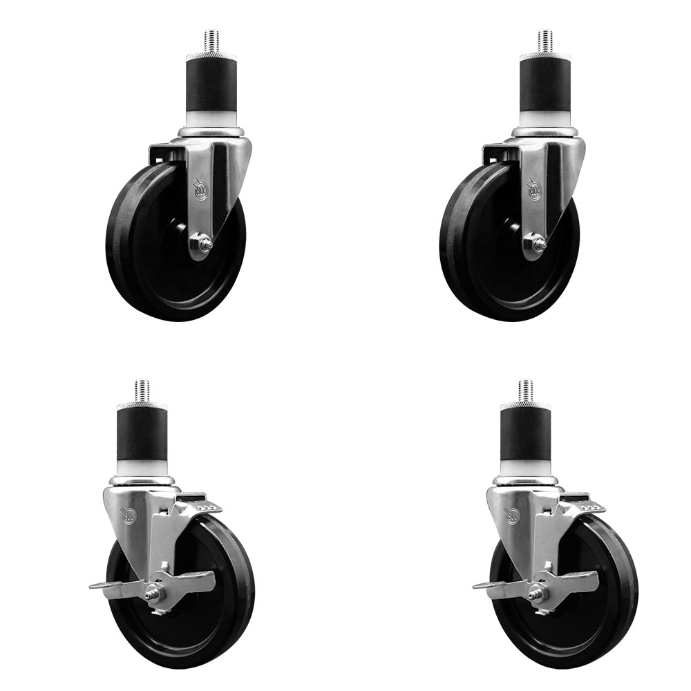 Phenolic Swivel Expanding Stem Caster Set of 4 with 5 Inch Black Wheels and 1-7/8" Stems - Includes 2 with Posi Locking Brakes - 1200 lbs Total Capacity - Service Caster Brand — photo 1