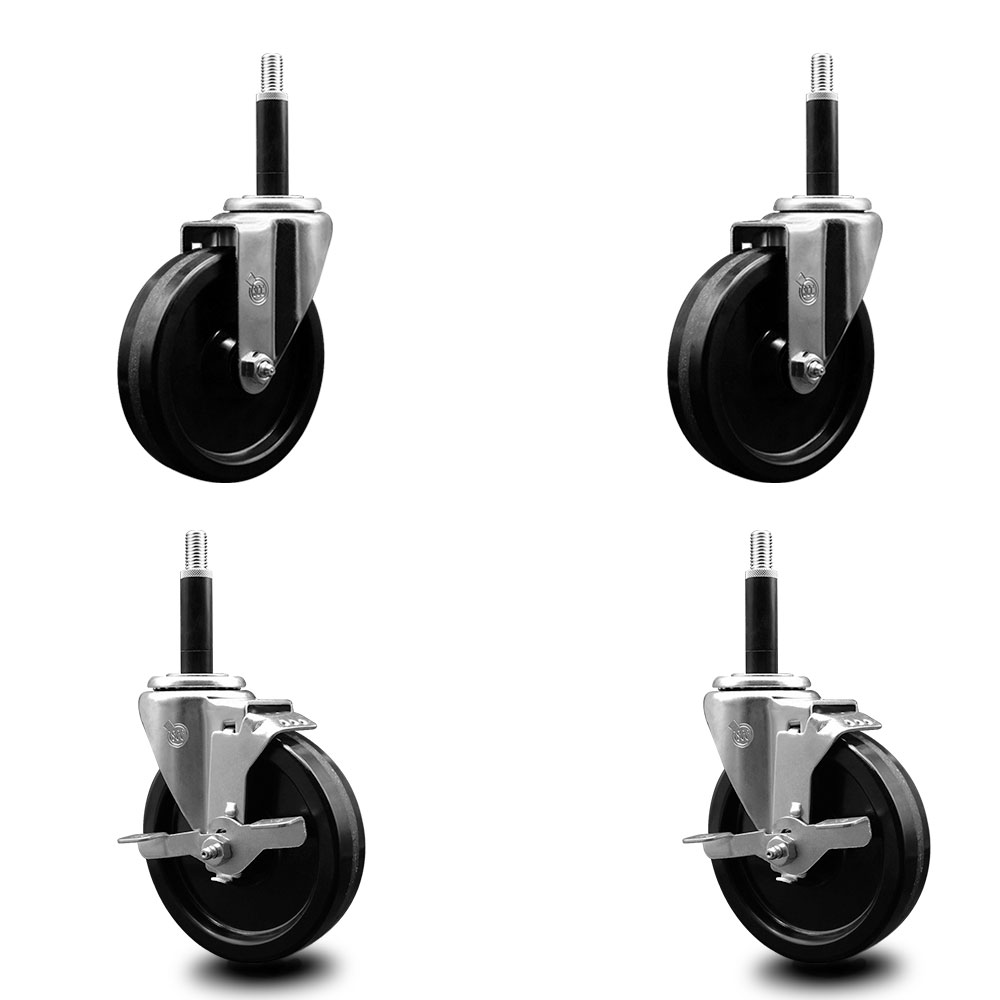 Phenolic Swivel Expanding Stem Caster Set of 4 w/Roller Bearings - 5" x 1.25" Black Wheels and 3/4" Stems - Includes 2 with Top Locking Brakes - 1200 lbs Total Capacity - Service Caster Brand — photo 1
