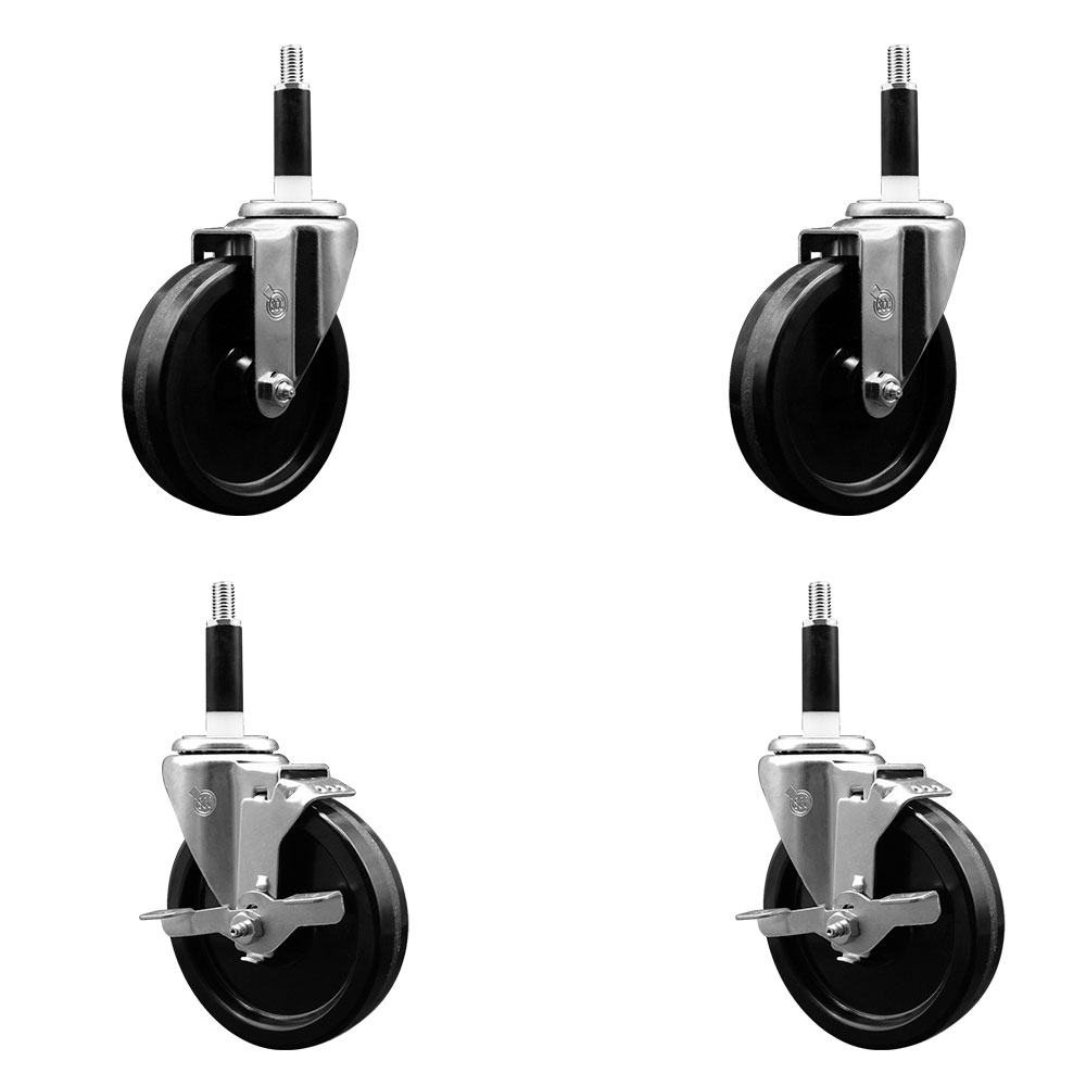 Phenolic Swivel Expanding Stem Caster Set of 4 with 5 Inch Black Wheels and 7/8" Stems - Includes 2 with Top Locking Brakes - 1200 lbs Total Capacity - Service Caster Brand — photo 1
