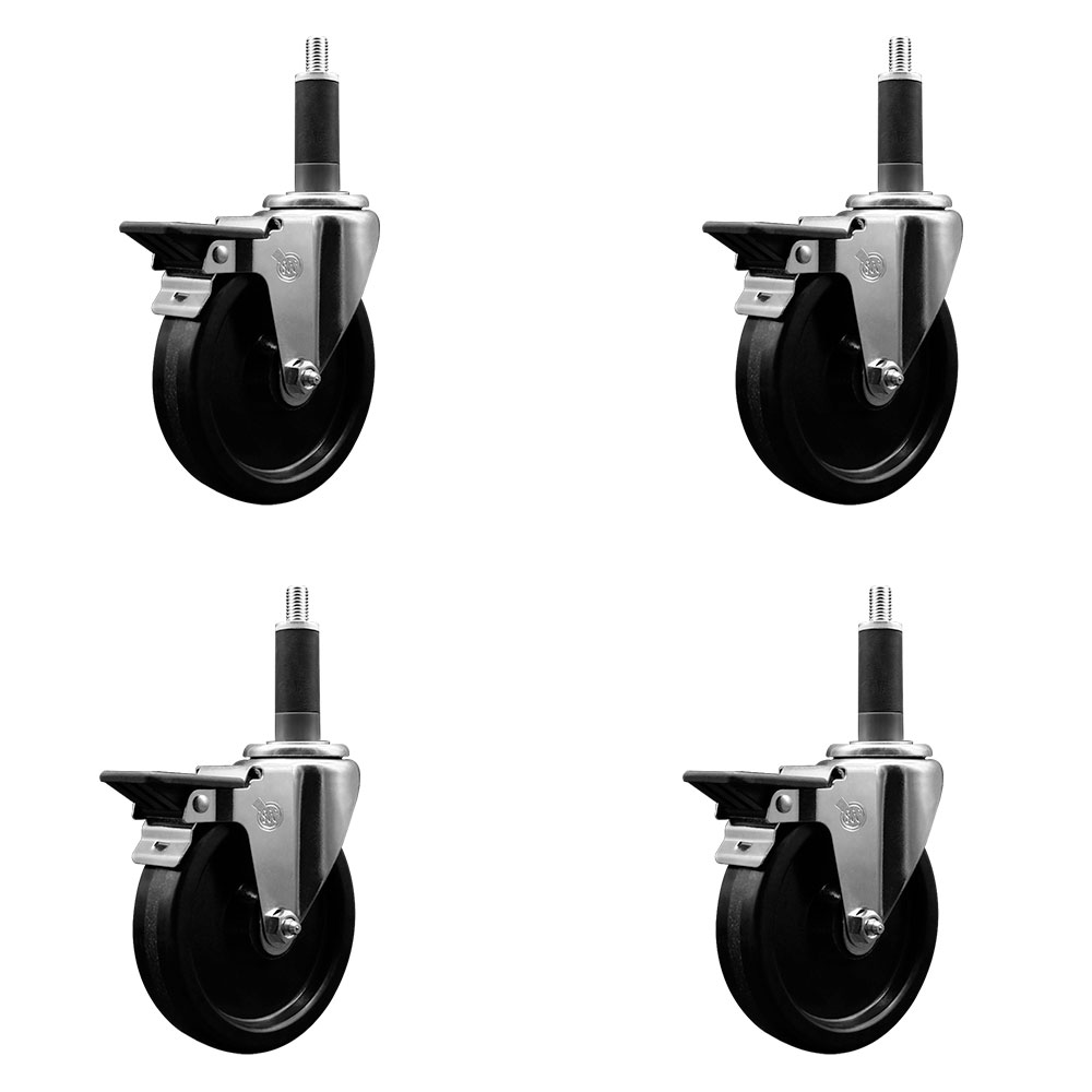 Phenolic Swivel Expanding Stem Caster Set of 4 with Roller Bearings - 5" x 1.25" Black Wheels and 1" Stems - Includes 4 with Posi Lock Brakes - 1200 lbs Total Capacity - Service Caster Brand — photo 1