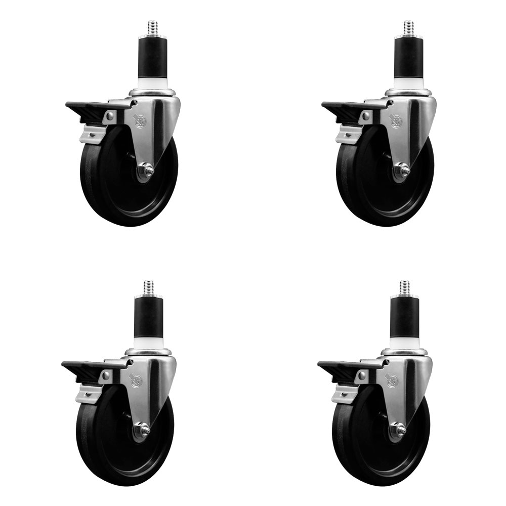 Phenolic Swivel Expanding Stem Caster Set of 4 with Roller Bearings - 5" x 1.25" Black Wheels and 1-1/2" Stems - Includes 4 with Posi Lock Brakes - 1200 lbs Total Capacity - Service Caster Brand — photo 1