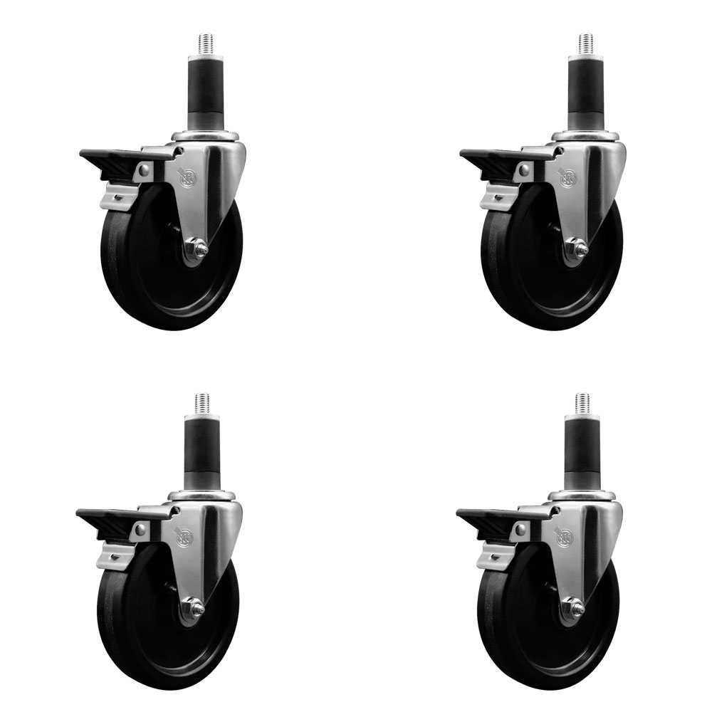 Phenolic Swivel Expanding Stem Caster Set of 4 with Roller Bearings - 5" x 1.25" Black Wheels and 1-1/4" Stems - Includes 4 with Posi Lock Brakes - 1200 lbs Total Capacity - Service Caster Brand — photo 1