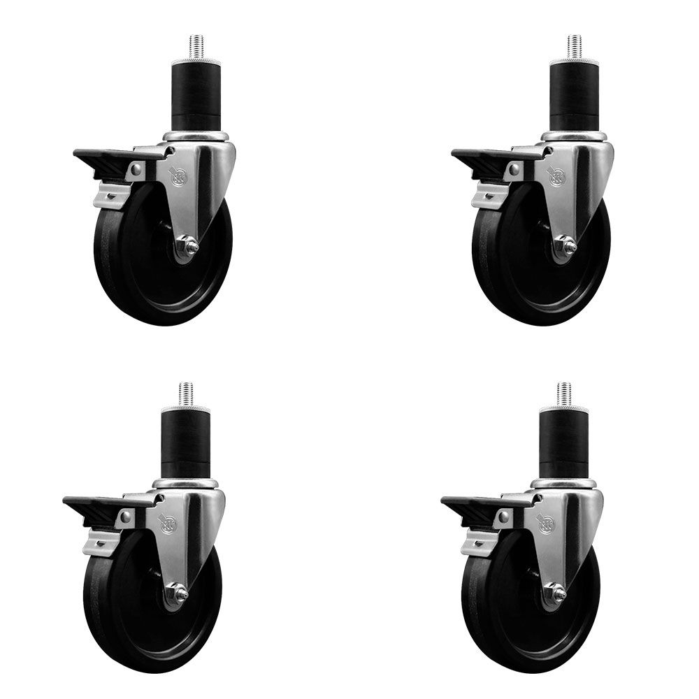 Phenolic Swivel Expanding Stem Caster Set of 4 with Roller Bearings - 5" x 1.25" Black Wheels and 1-3/4" Stems - Includes 4 with Posi Lock Brakes - 1200 lbs Total Capacity - Service Caster Brand — photo 1