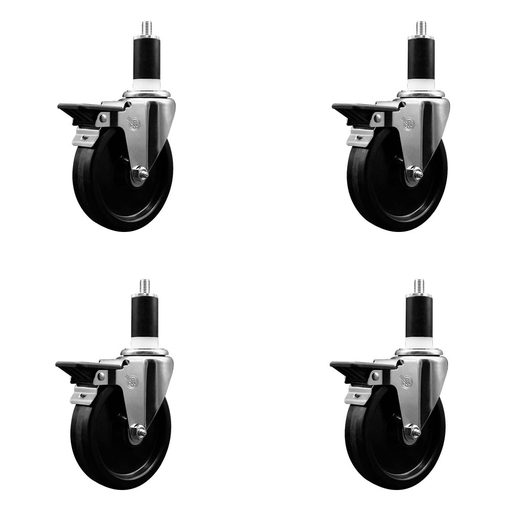 Phenolic Swivel Expanding Stem Caster Set of 4 with Roller Bearings - 5" x 1.25" Black Wheels and 1-3/8" Stems - Includes 4 with Posi Lock Brakes - 1200 lbs Total Capacity - Service Caster Brand — photo 1
