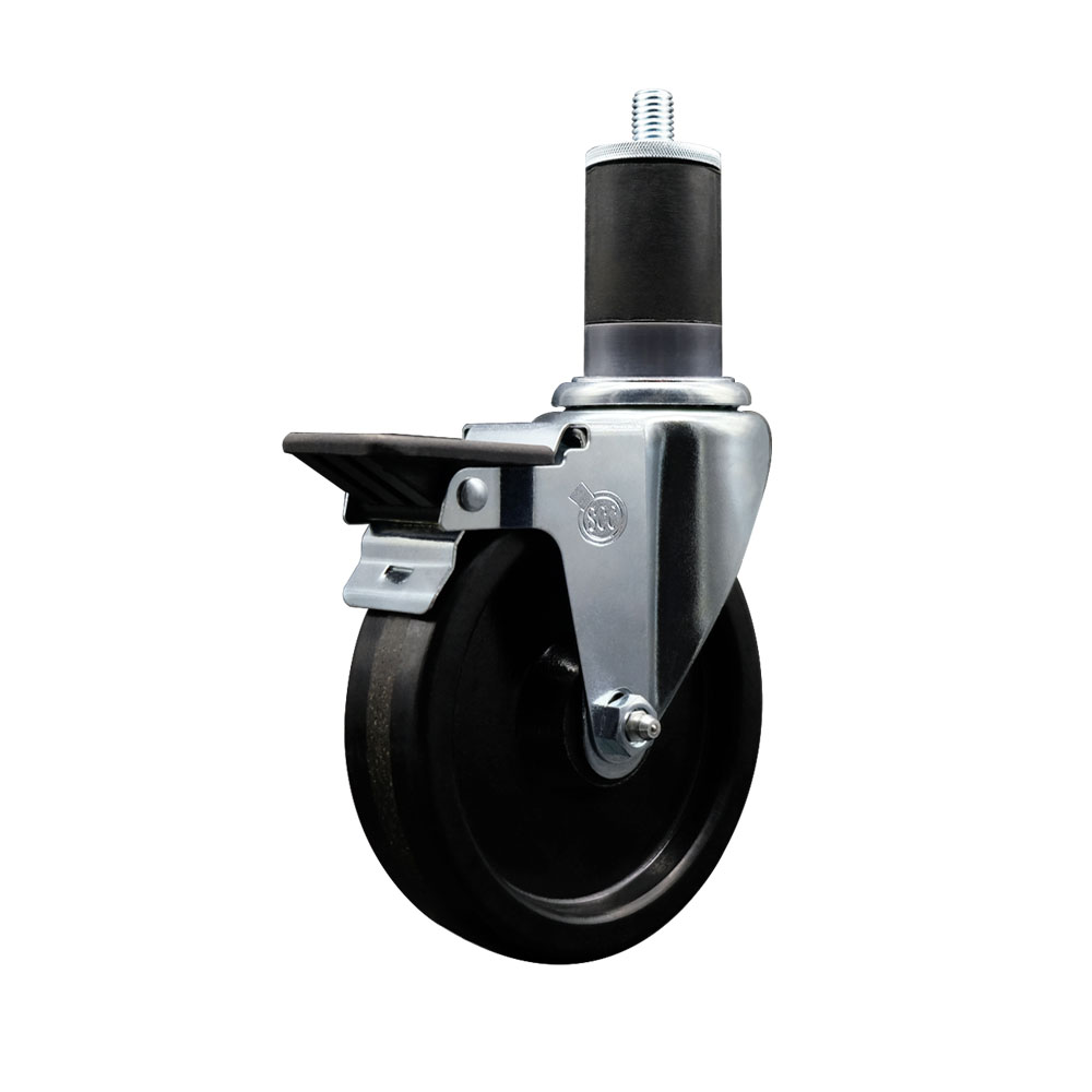 Phenolic Swivel Expanding Stem Caster w/Roller Bearing - 5" x 1.25" Black Wheel and 1-5/8" Stem & Posi Locking Brake - 300 lbs Capacity/Caster - Service Caster Brand — photo 1