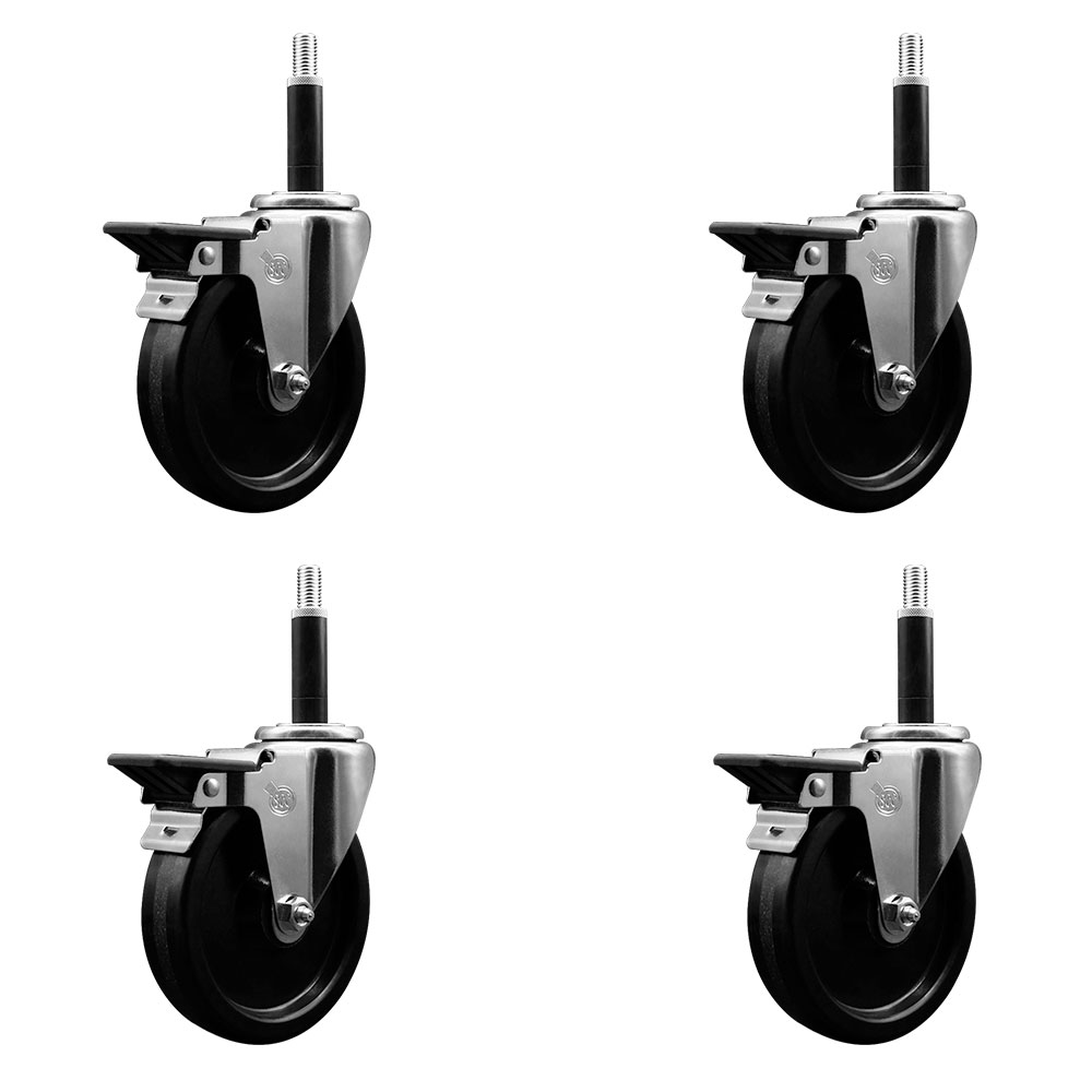 Phenolic Swivel Expanding Stem Caster Set of 4 with Roller Bearings - 5" x 1.25" Black Wheels and 3/4" Stems - Includes 4 with Posi Lock Brakes - 1200 lbs Total Capacity - Service Caster Brand — photo 1