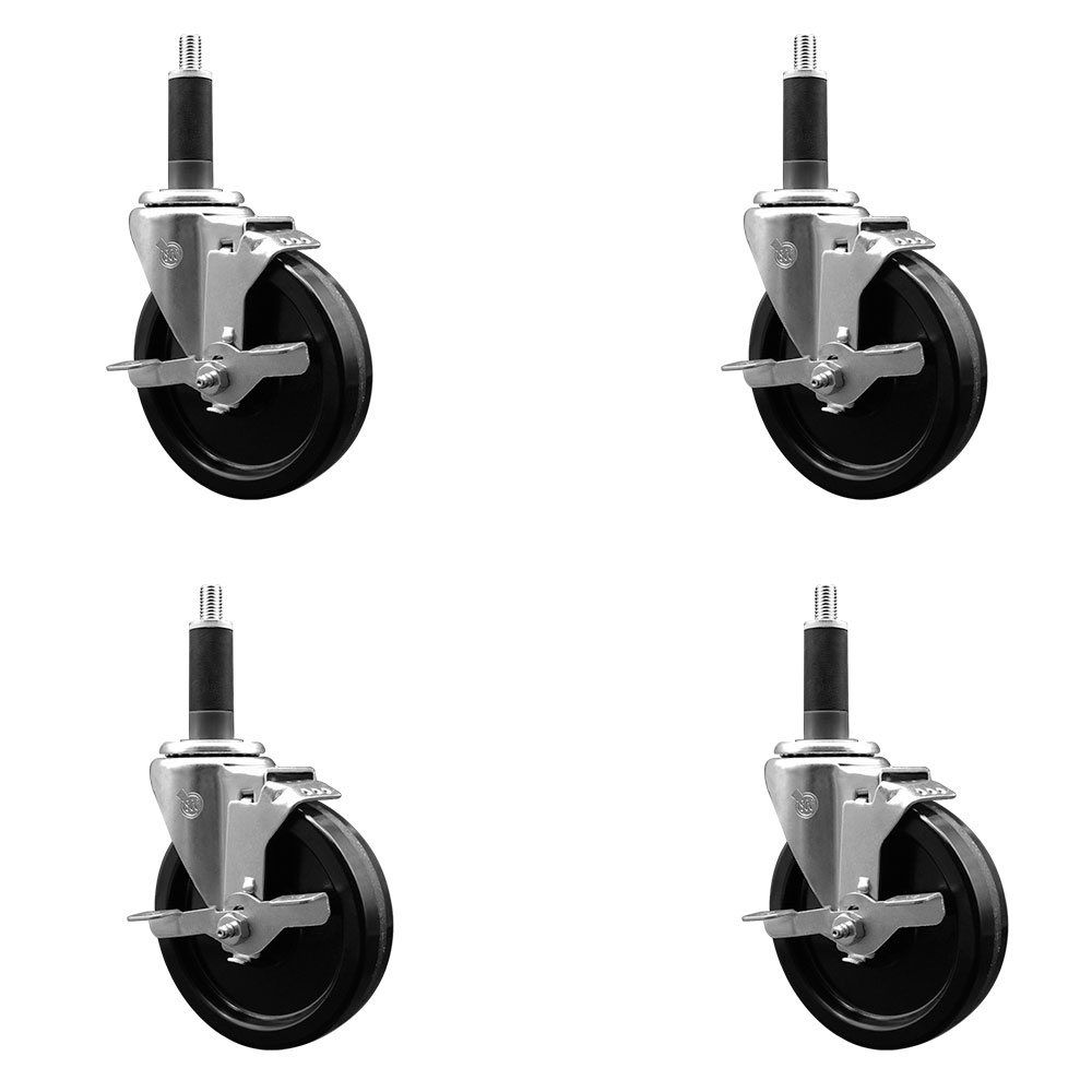 Phenolic Swivel Expanding Stem Caster Set of 4 with Roller Bearings - 5" x 1.25" Black Wheels and 1" Stems - Includes 4 with Top Lock Brakes - 1200 lbs Total Capacity - Service Caster Brand — photo 1