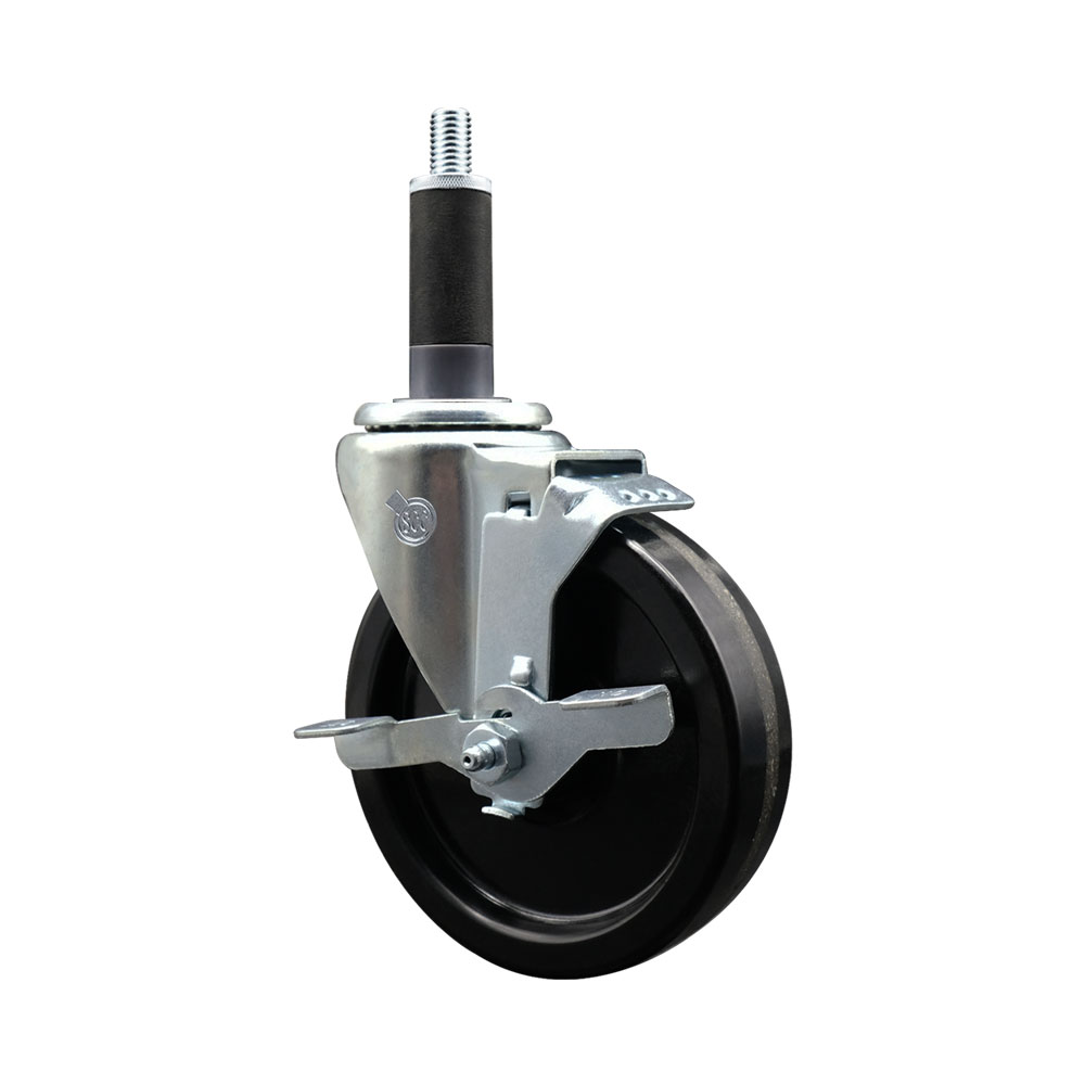 Phenolic Swivel Expanding Stem Caster w/Roller Bearing - 5" x 1.25" Black Wheel and 1" Stem & Top Locking Brake - 300 lbs Capacity/Caster - Service Caster Brand — photo 1