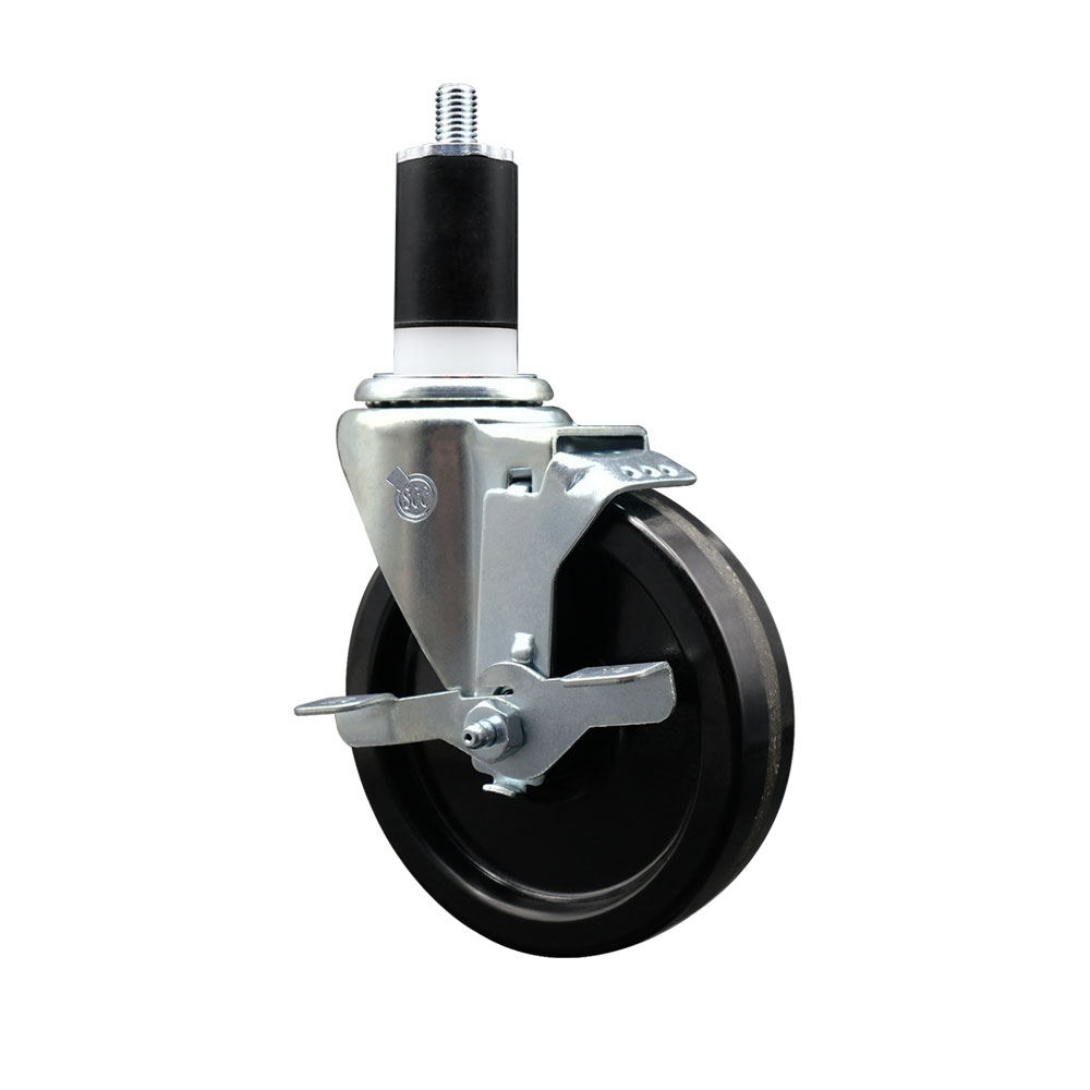 Phenolic Swivel Expanding Stem Caster w/Roller Bearing - 5" x 1.25" Black Wheel and 1-1/2" Stem & Top Locking Brake - 300 lbs Capacity/Caster - Service Caster Brand — photo 1