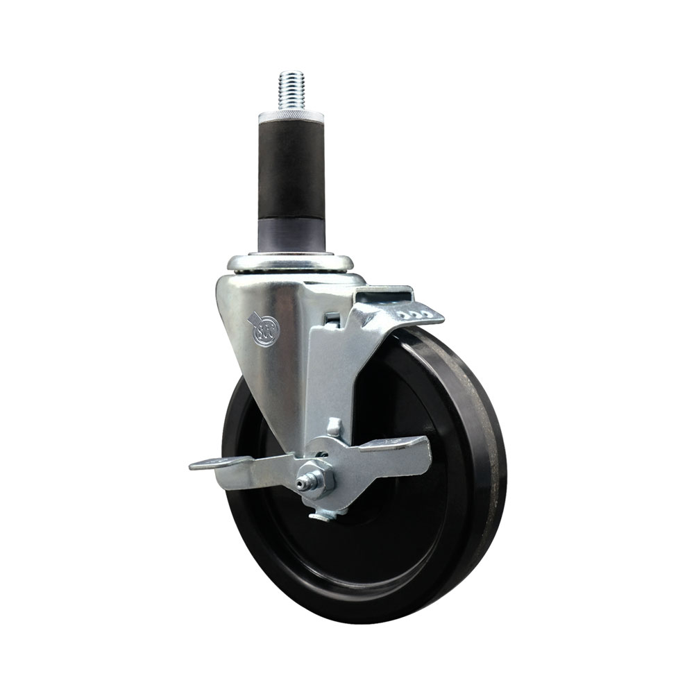 Phenolic Swivel Expanding Stem Swivel Caster with 5 Inch Black Wheel and 1-1/4" Stem & Top Locking Brake - 300 lbs. Capacity Per Caster - Service Caster Brand — photo 1