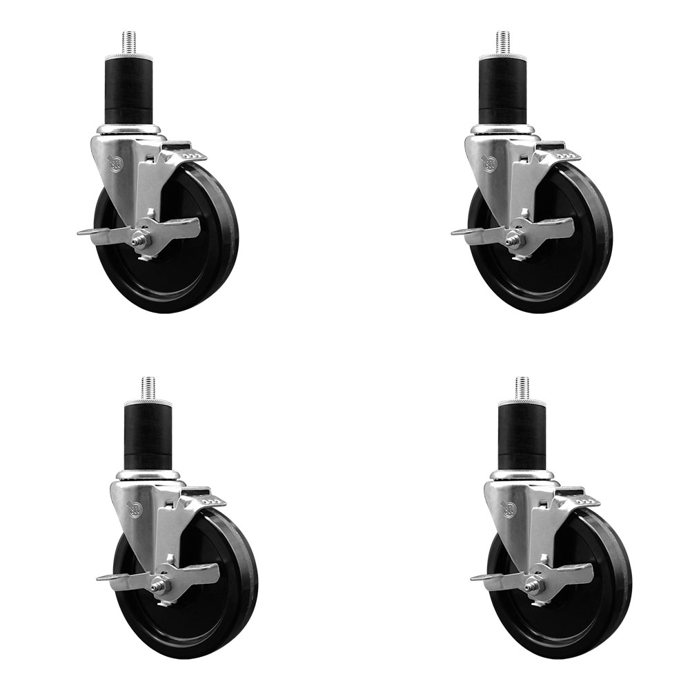 Phenolic Swivel Expanding Stem Caster Set of 4 with Roller Bearings - 5" x 1.25" Black Wheels and 1-3/4" Stems - Includes 4 with Top Lock Brakes - 1200 lbs Total Capacity - Service Caster Brand — photo 1