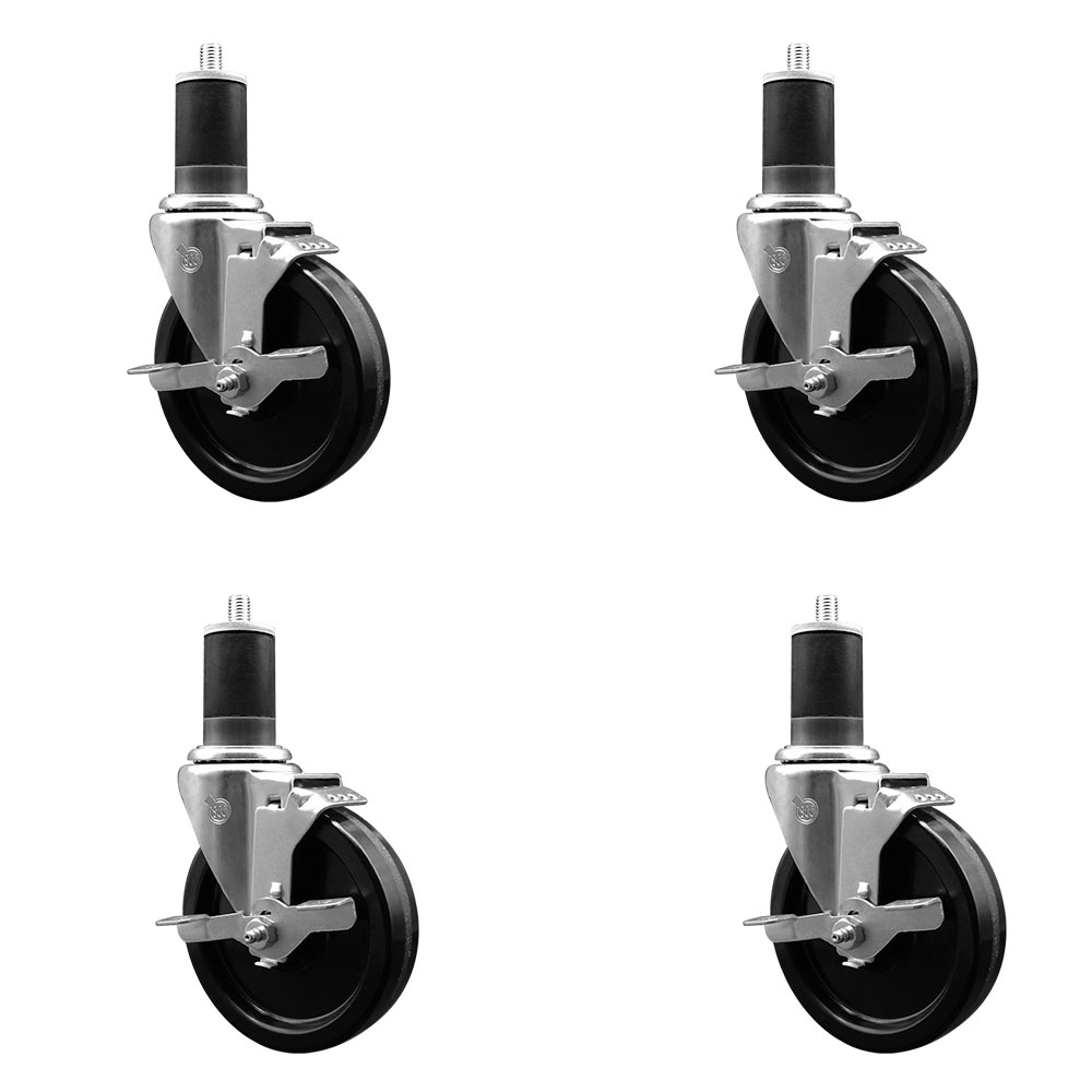 Phenolic Swivel Expanding Stem Caster Set of 4 with 5 Inch Black Wheels and 1-5/8" Stems - Includes 4 Swivel with Top Locking Brakes - 300 lbs. Capacity Per Caster - Service Caster Brand — photo 1