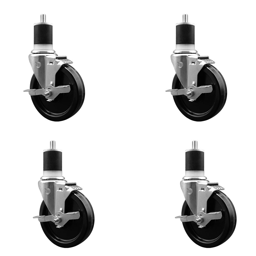 Phenolic Swivel Expanding Stem Caster Set of 4 with Roller Bearings - 5" x 1.25" Black Wheels and 1-7/8" Stems - Includes 4 with Top Lock Brakes - 1200 lbs Total Capacity - Service Caster Brand — photo 1