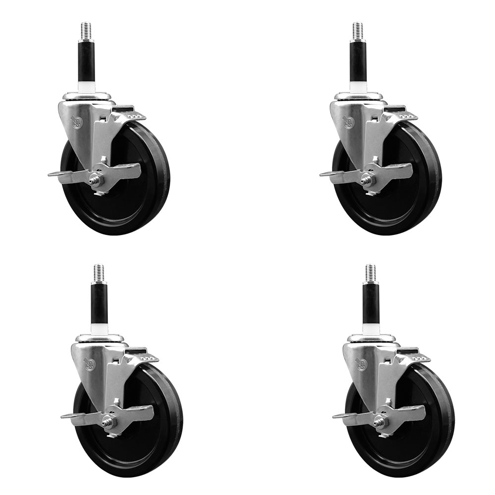 Phenolic Swivel Expanding Stem Caster Set of 4 with Roller Bearings - 5" x 1.25" Black Wheels and 7/8" Stems - Includes 4 with Top Lock Brakes - 1200 lbs Total Capacity - Service Caster Brand — photo 1