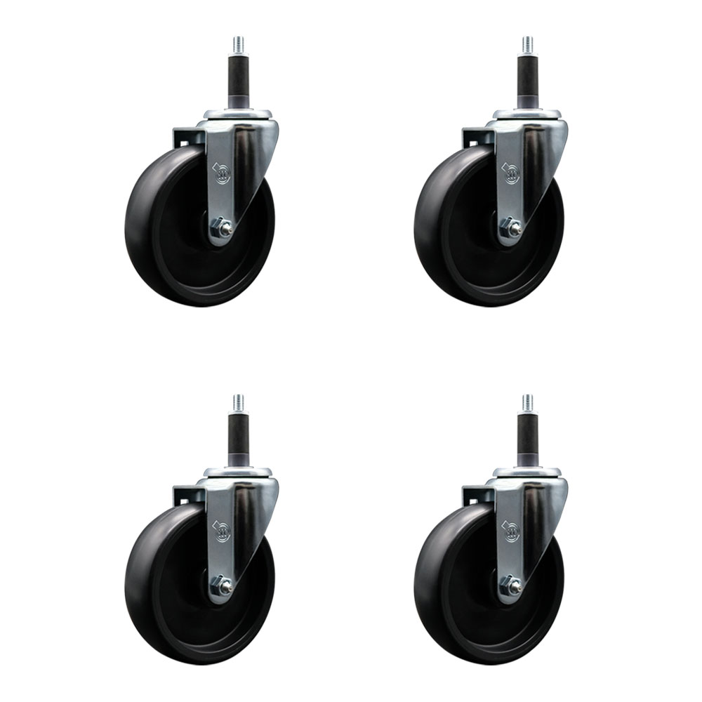 Polyolefin Swivel Expanding Stem Caster Wheels Set of 4 with 5 Inch Black Wheels and 1" Stems - Includes 4 Swivel - 1400 lbs. Total Capacity - Service Caster Brand — photo 1