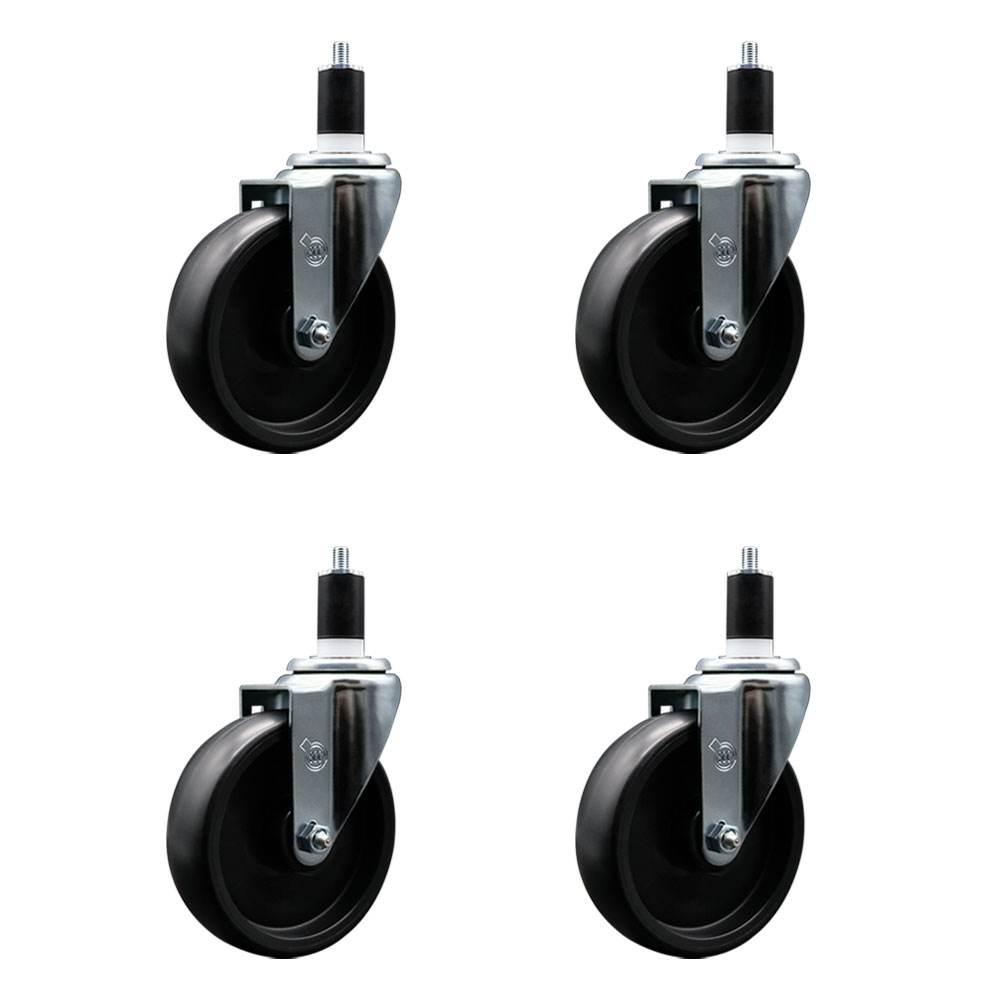 Polyolefin Swivel Expanding Stem Caster Wheels Set of 4 with 5 Inch Black Wheels and 1-1/2" Stems - Includes 4 Swivel - 1400 lbs. Total Capacity - Service Caster Brand — photo 1