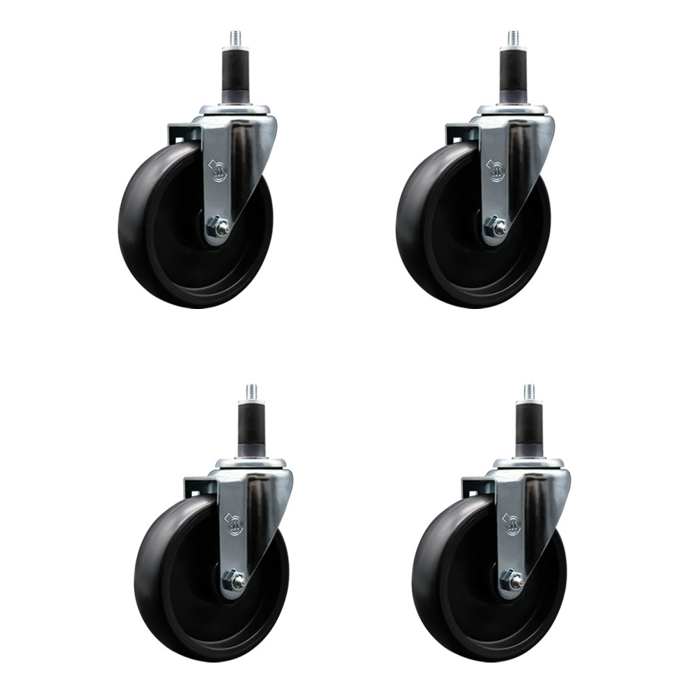 Polyolefin Swivel Expanding Stem Caster Wheels Set of 4 with 5 Inch Black Wheels and 1-1/4" Stems - Includes 4 Swivel - 1400 lbs. Total Capacity - Service Caster Brand — photo 1