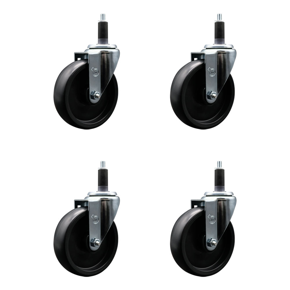 Polyolefin Swivel Expanding Stem Caster Wheels Set of 4 with 5 Inch Black Wheels and 1-1/8" Stems - Includes 4 Swivel - 1400 lbs. Total Capacity - Service Caster Brand — photo 1
