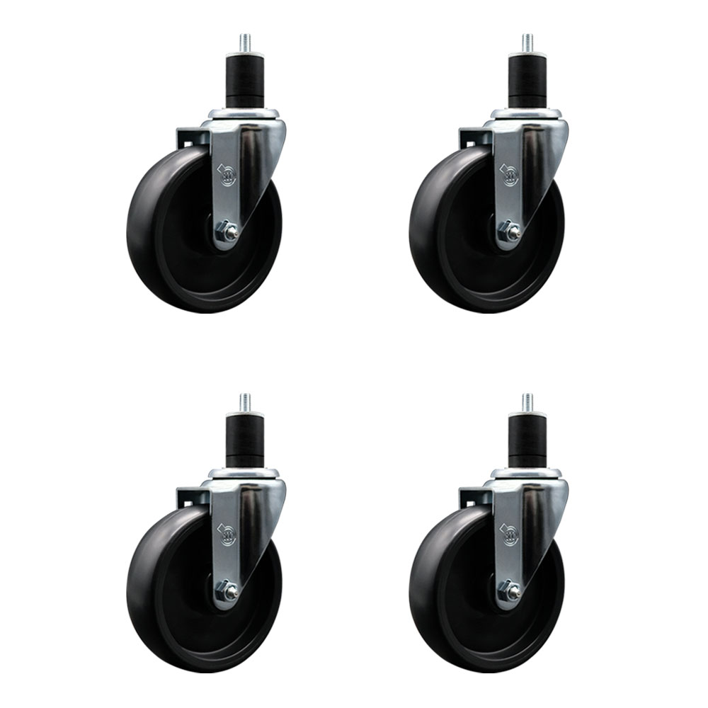 Polyolefin Swivel Expanding Stem Caster Wheels Set of 4 with 5 Inch Black Wheels and 1-3/4" Stems - Includes 4 Swivel - 1400 lbs. Total Capacity - Service Caster Brand — photo 1