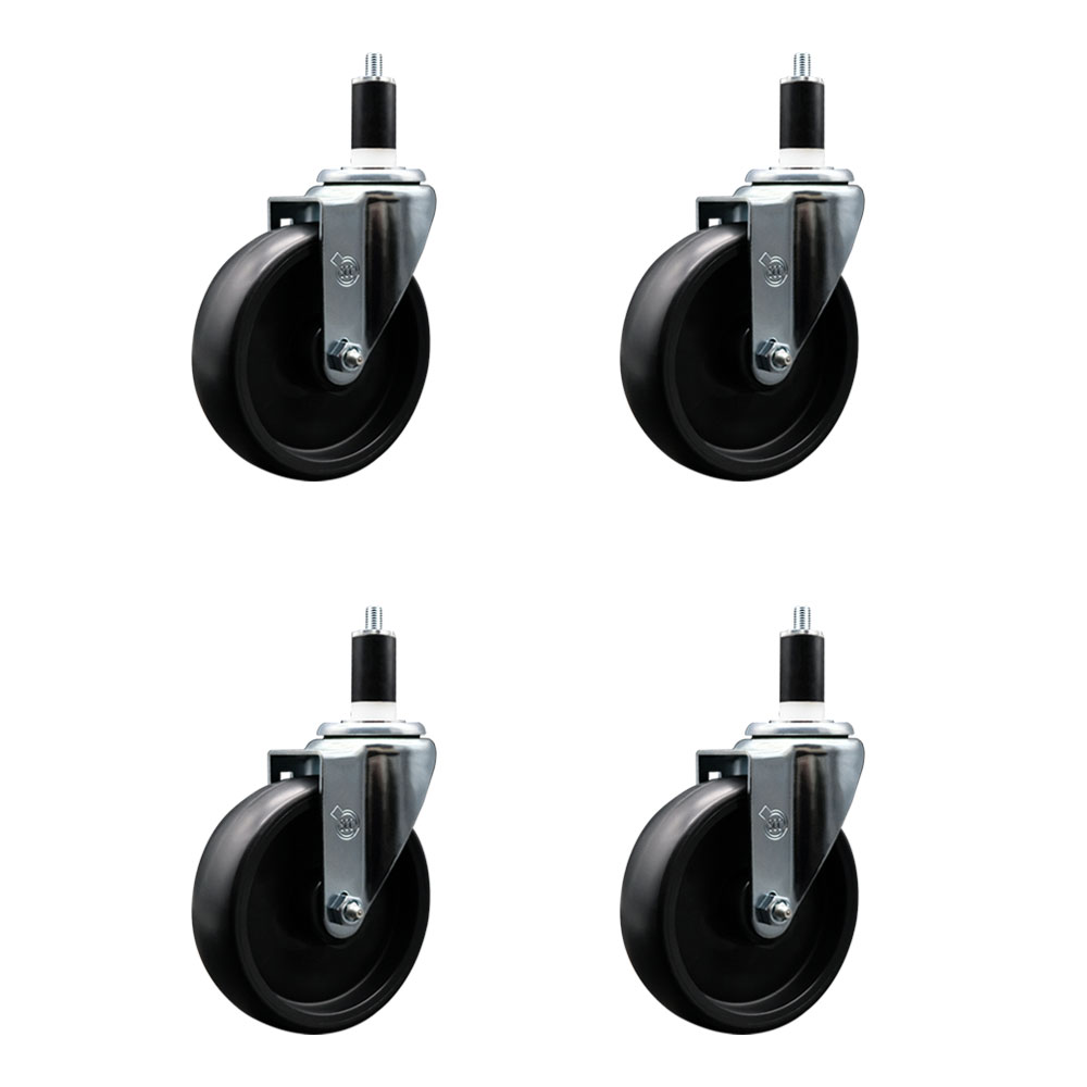 Polyolefin Swivel Expanding Stem Caster Wheels Set of 4 with 5 Inch Black Wheels and 1-3/8" Stems - Includes 4 Swivel - 1400 lbs. Total Capacity - Service Caster Brand — photo 1